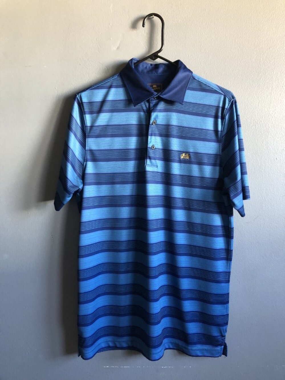 Tourney Mens Polo Shirt Blue Stripes Gold Logo Size Medium